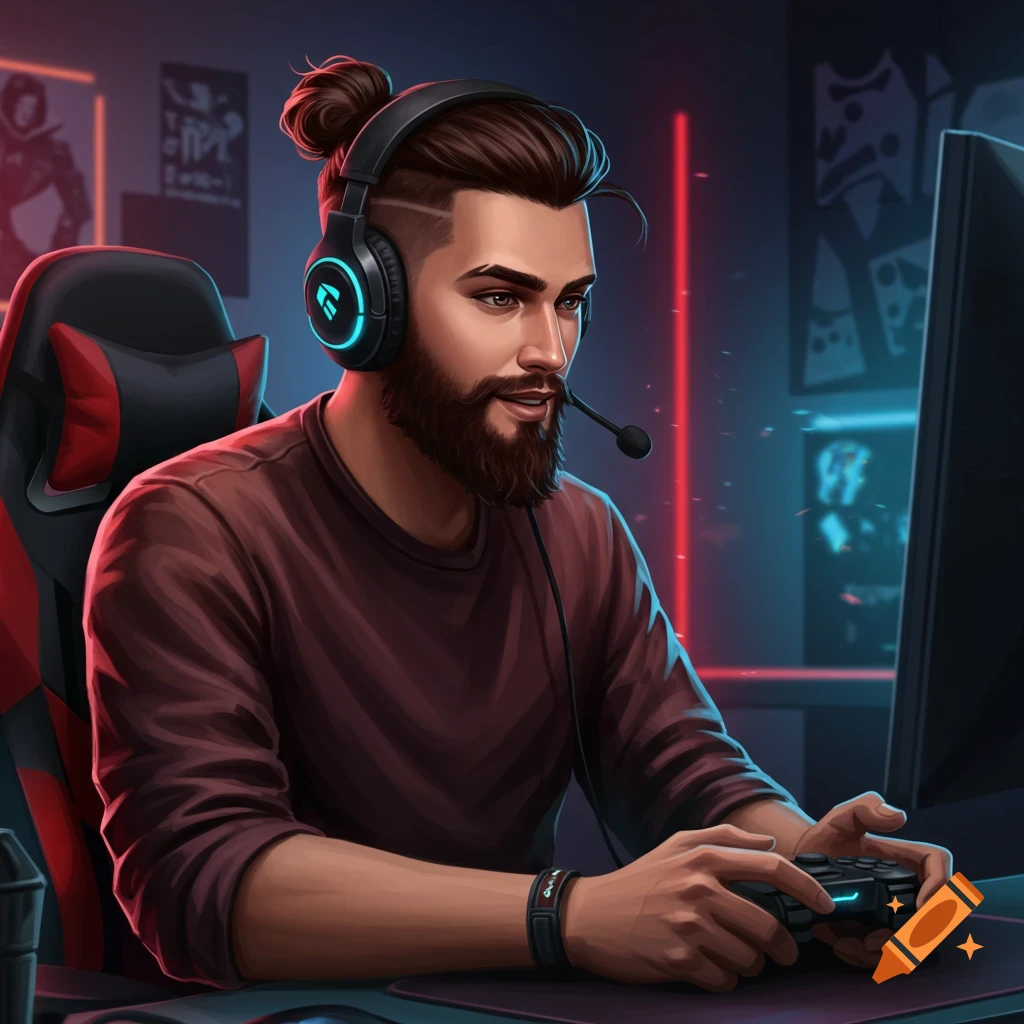A man with a beard and man bun wears gaming headphones and plays video games at a desk in a dark room with neon lights, in a digital art style.