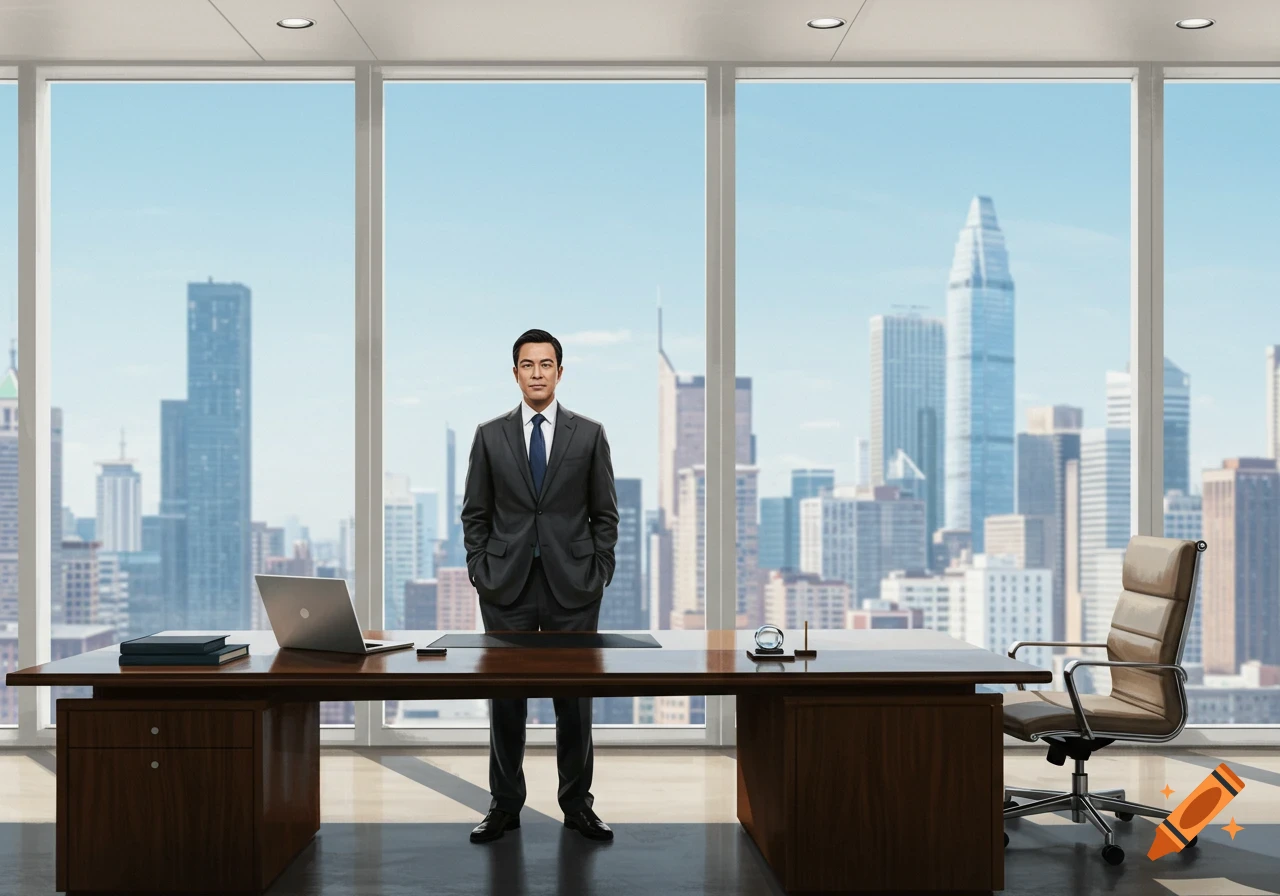 A businessman in a suit stands in a modern office with a large window overlooking a city skyline.