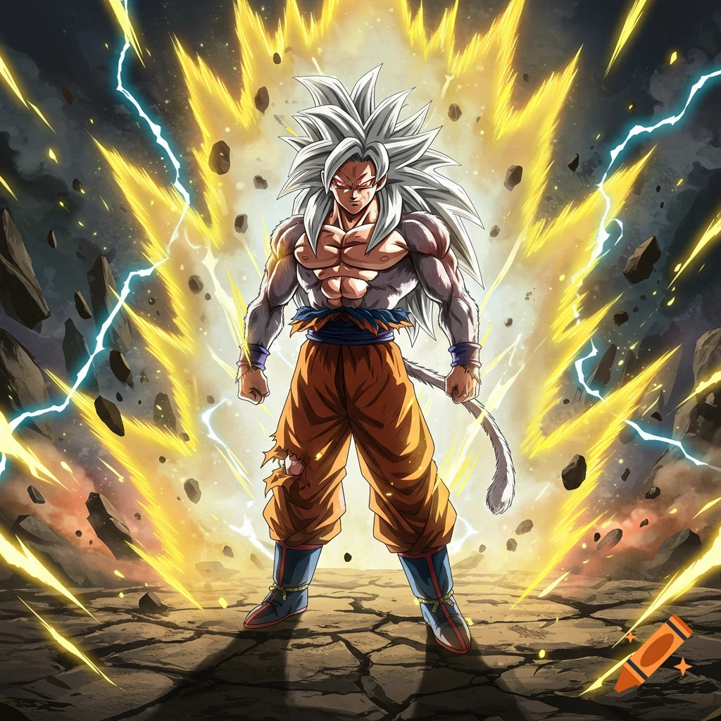 Goku in Super Saiyan 5 form with white spiky hair, red eyes, and a muscular body, stands on cracked ground amidst a vibrant yellow aura and lightning.