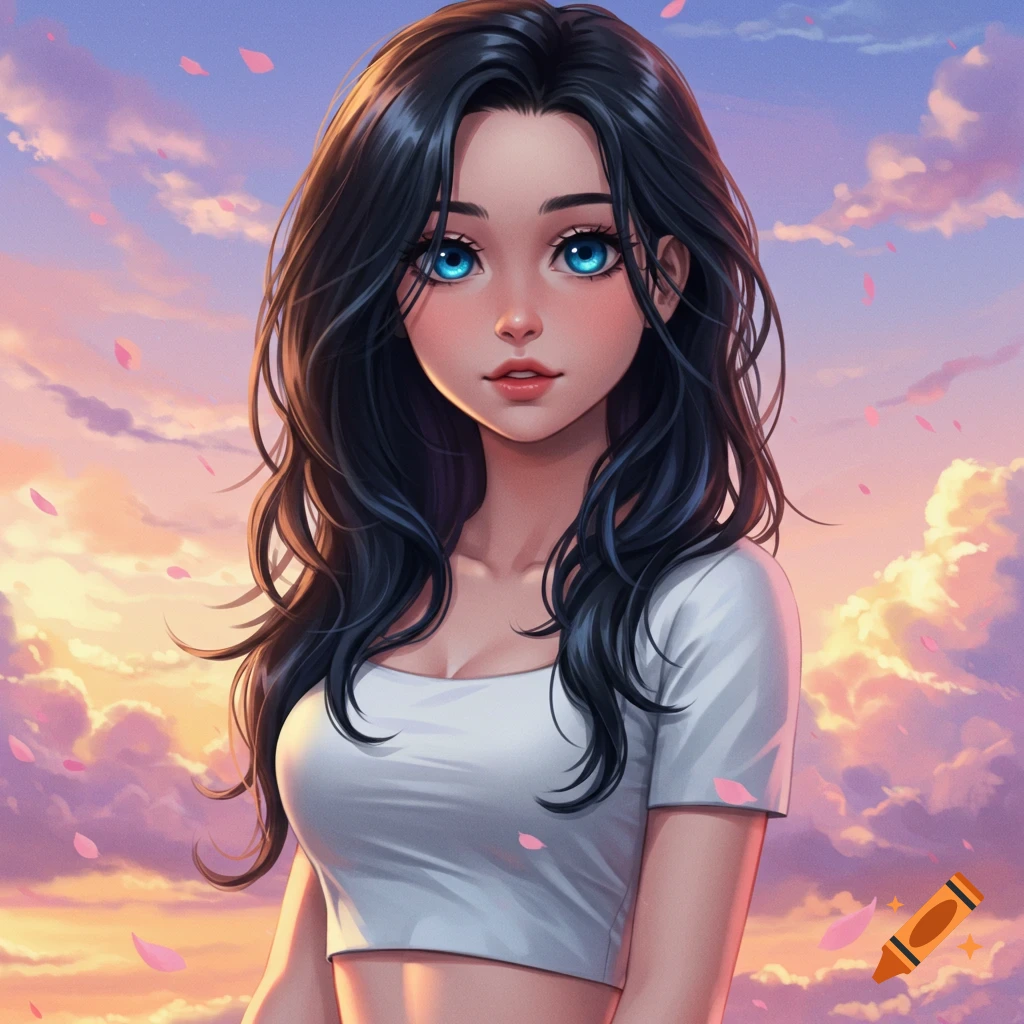 Anime girl with long dark hair and bright blue eyes wearing a white crop top, against a pastel sunset sky with floating petals.