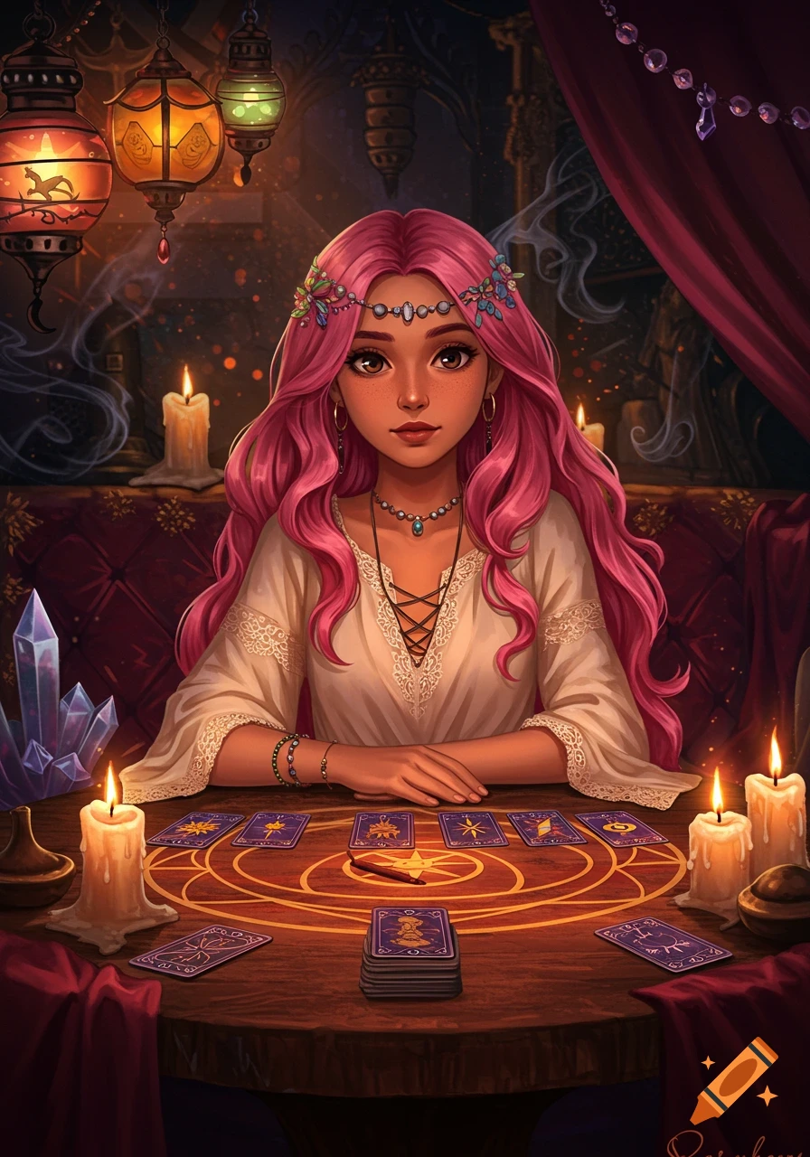 A mystical girl with long pink hair and brown eyes sits at a table with tarot cards, candles, and crystals, in a dimly lit room with ornate lanterns.