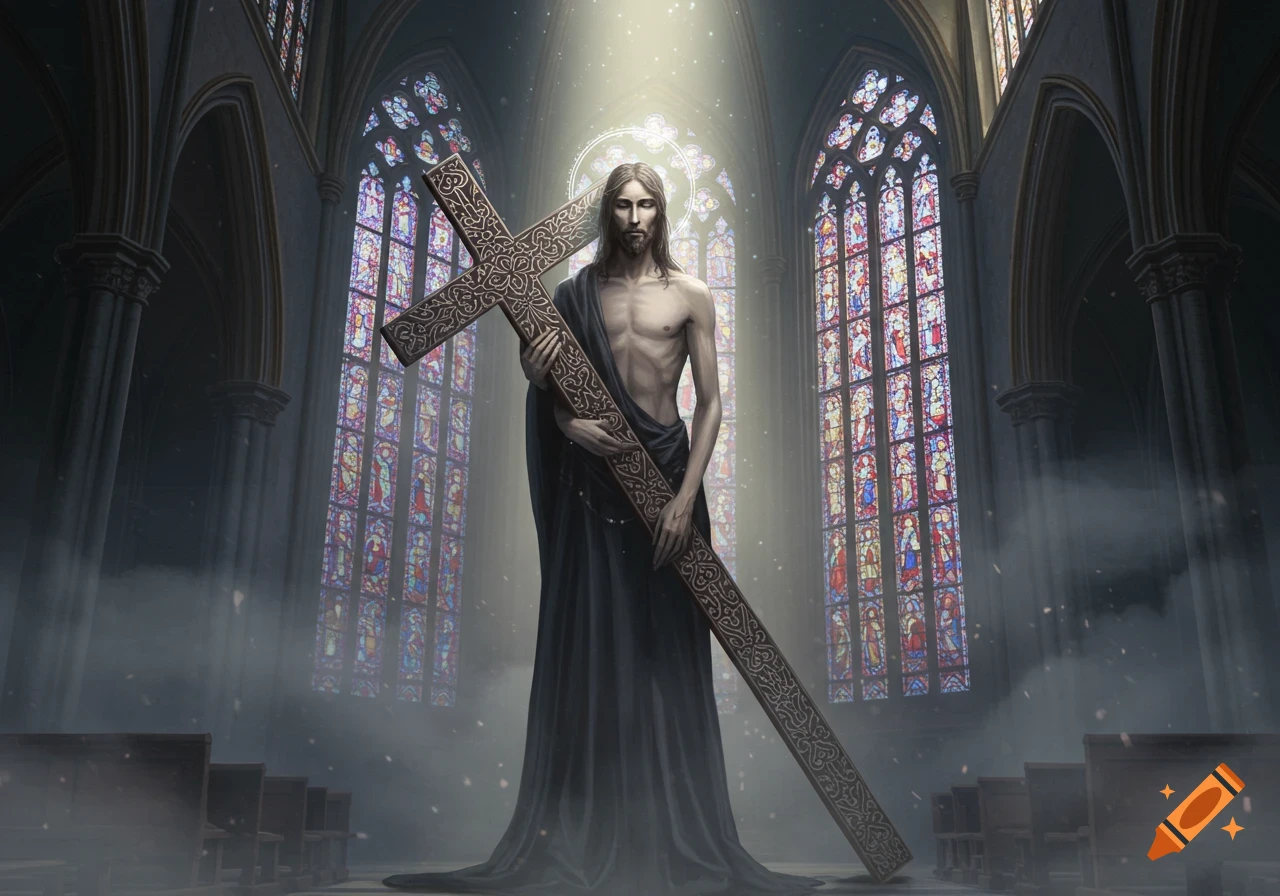 Stylized depiction of a gaunt Jesus holding a large ornate cross in a gothic church with colorful stained glass windows.