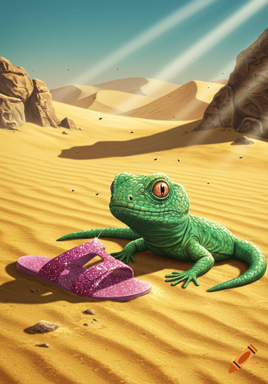 A cute green lizard with orange eyes lies in a sandy desert next to a pink sparkly sandal. Sun rays shine from the sky.