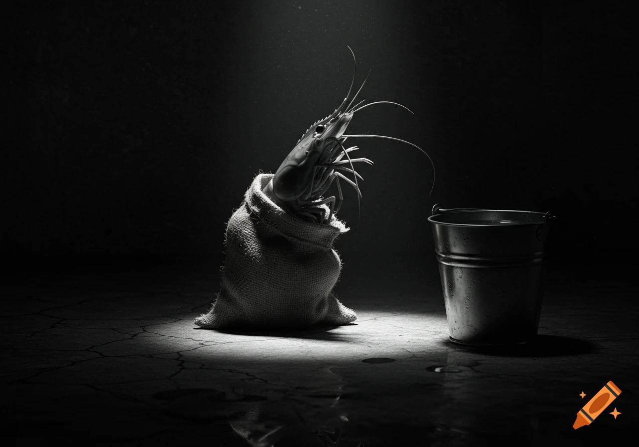 A black and white still life of a shrimp emerging from a burlap sack next to a metal bucket, under dramatic spotlight.