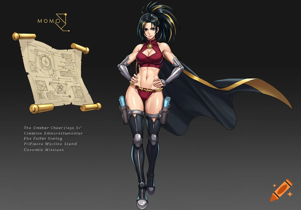An anime-style character of Momo Yaoyorozu in a red crop top and bikini bottom, with a black cape, standing next to a scroll.