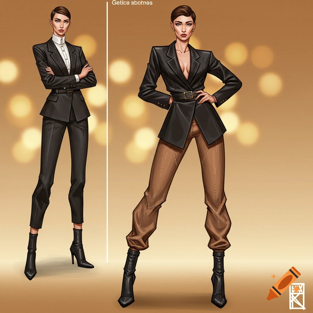 Two stylish women in suits and boots against a golden bokeh background, in an illustrated style.