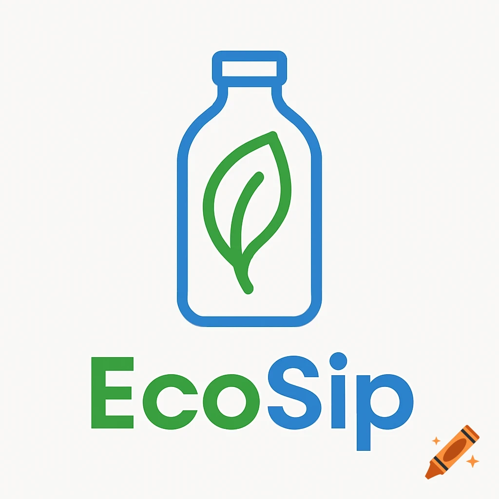 A logo with a blue bottle outline containing a green leaf, above the text 'EcoSip' in green and blue.