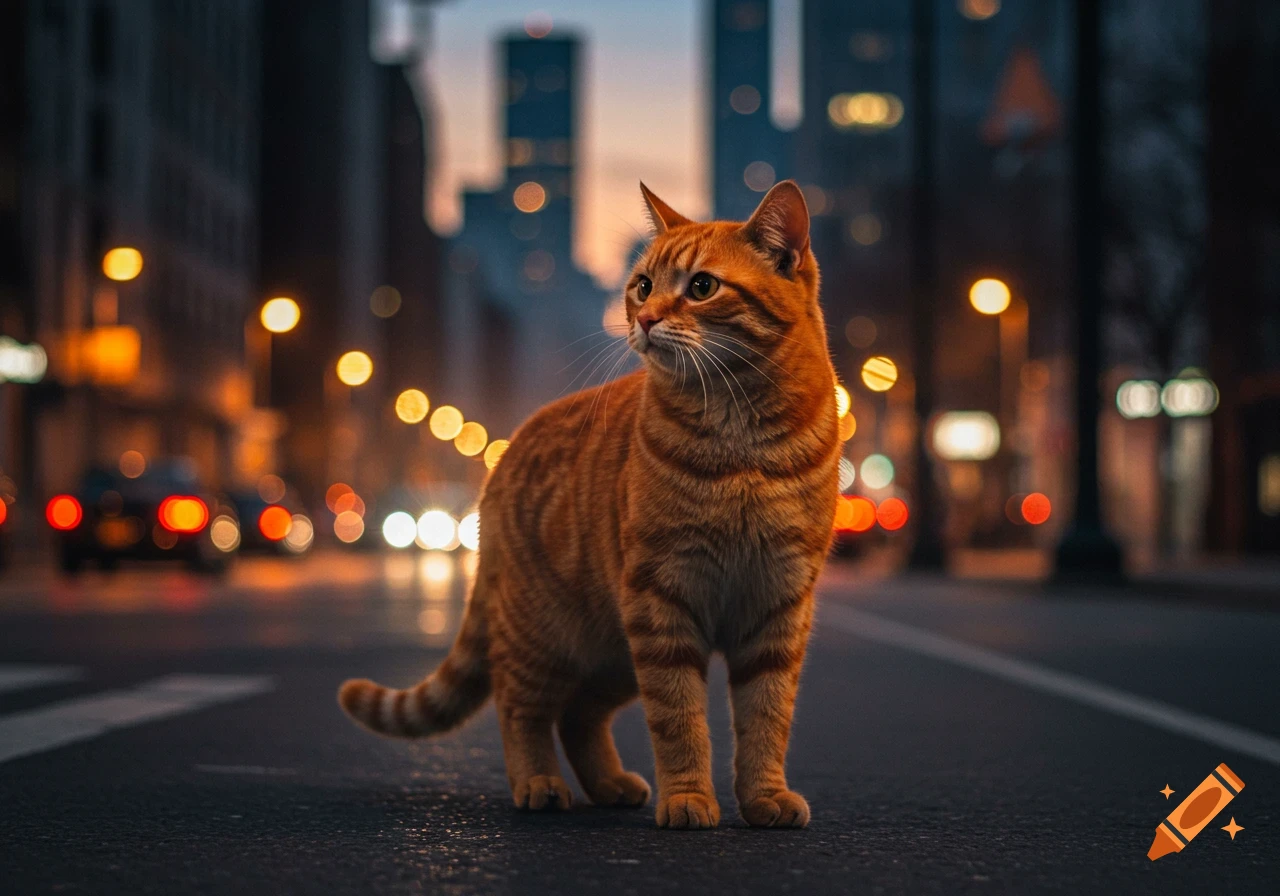An orange tabby cat stands on a city street at dusk, with blurred city lights in the background in a photorealistic style.