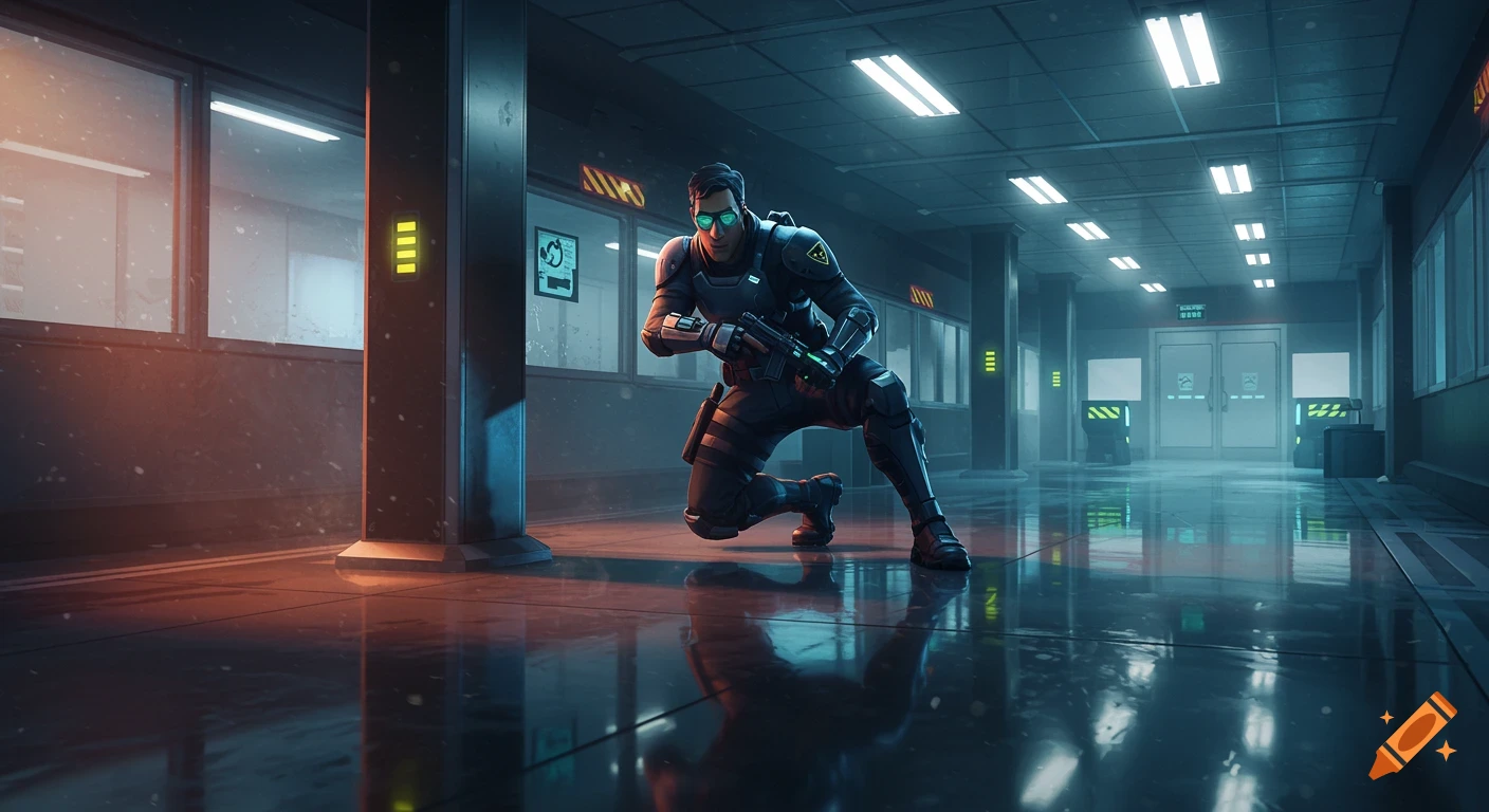 A tactical agent in futuristic gear crouches with a rifle in a dimly lit, wet corridor of a secure facility.