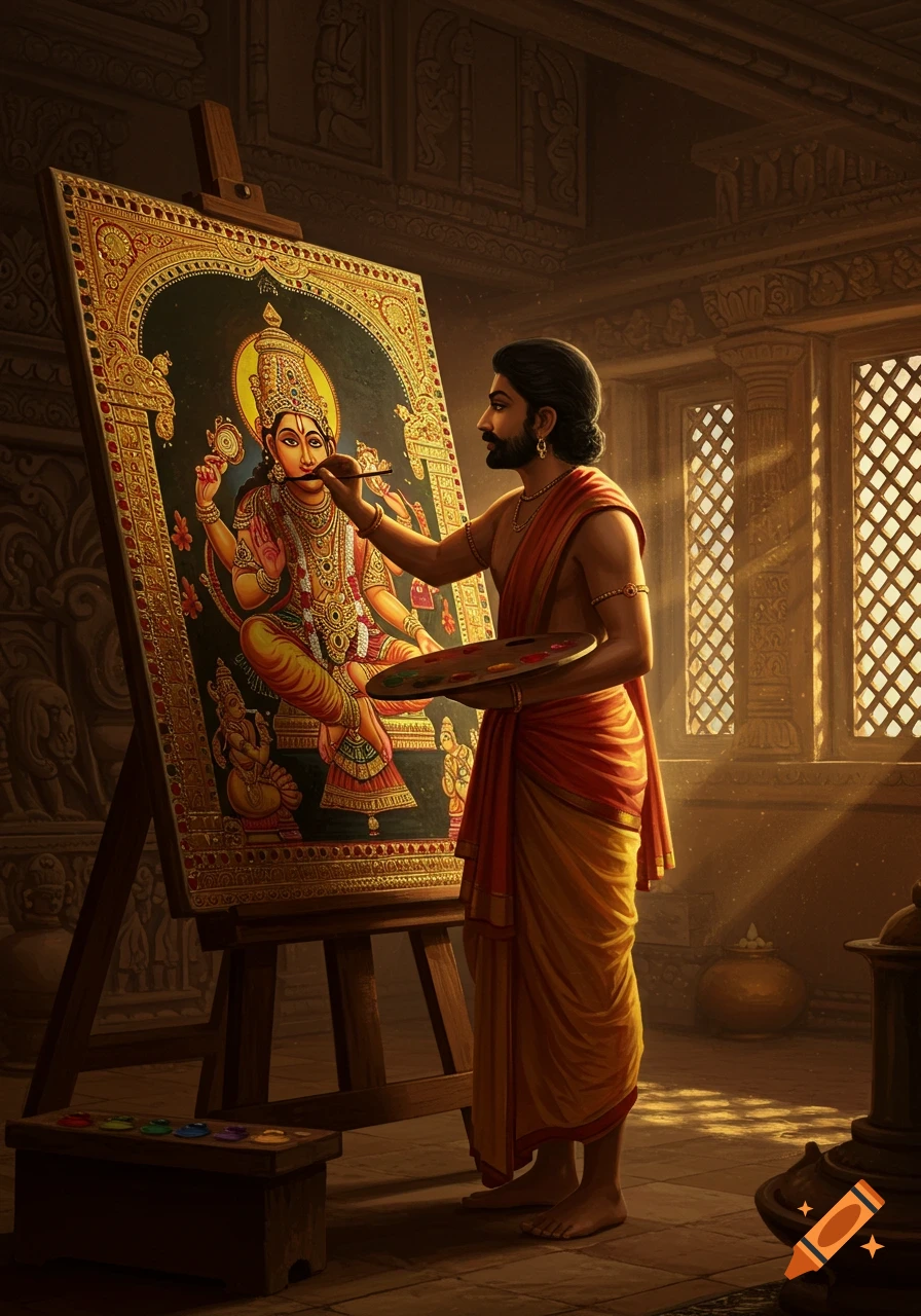 A bearded male artist in traditional Indian attire paints a detailed Tanjore artwork of a Hindu deity inside a temple.