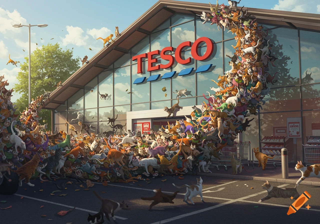Millions of cats pour out of and onto a Tesco supermarket in a surreal, detailed illustration.
