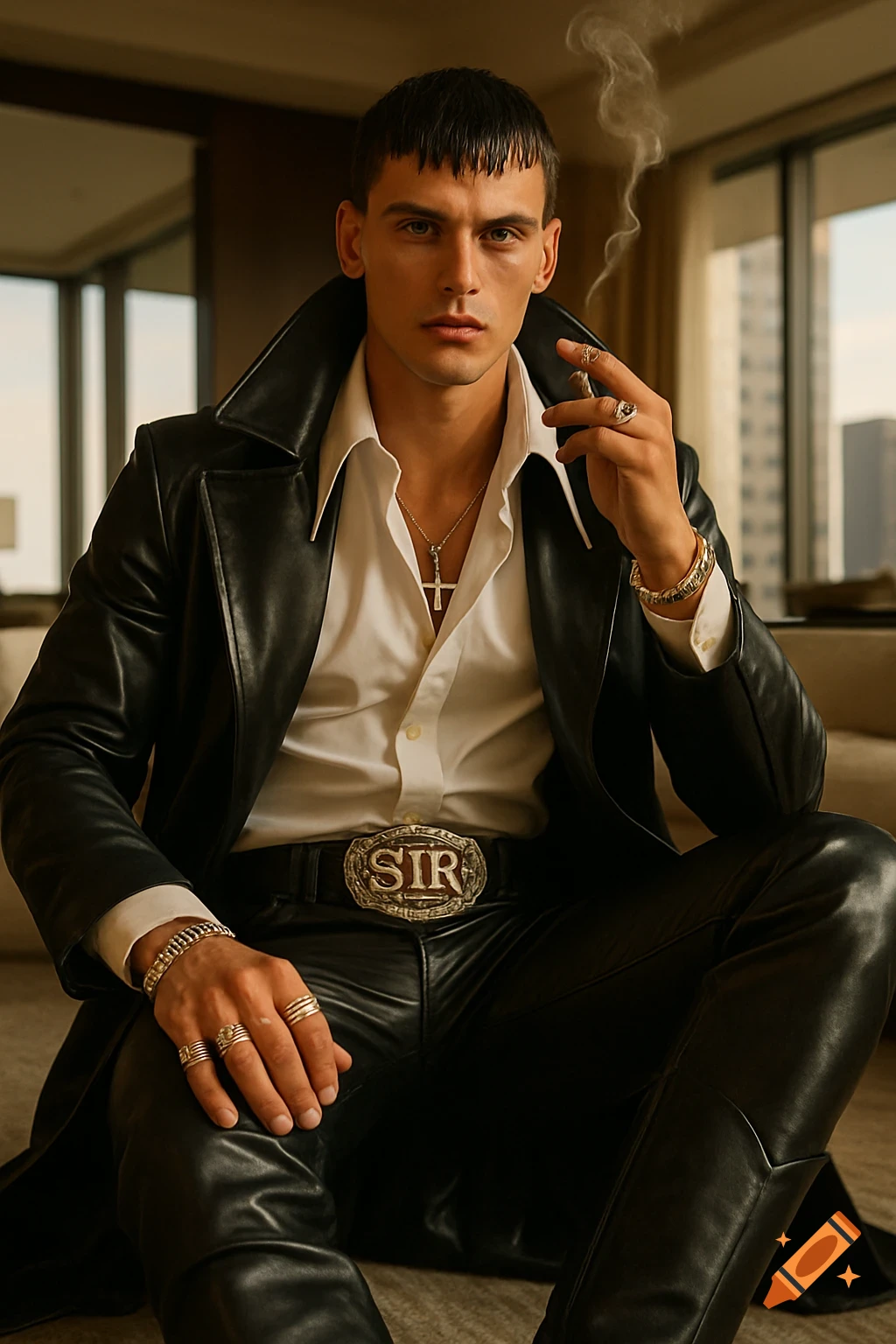 Photorealistic portrait of a man in a black leather trench coat, pants, and a white shirt, sitting in a luxury penthouse, smoking a cigarette.