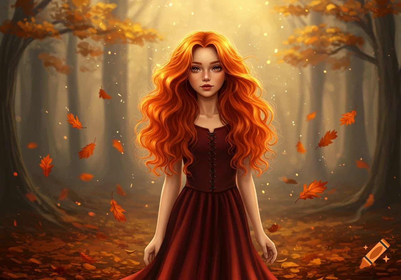 A red-haired girl in a dark red dress stands amidst falling autumn leaves in a sunlit forest.