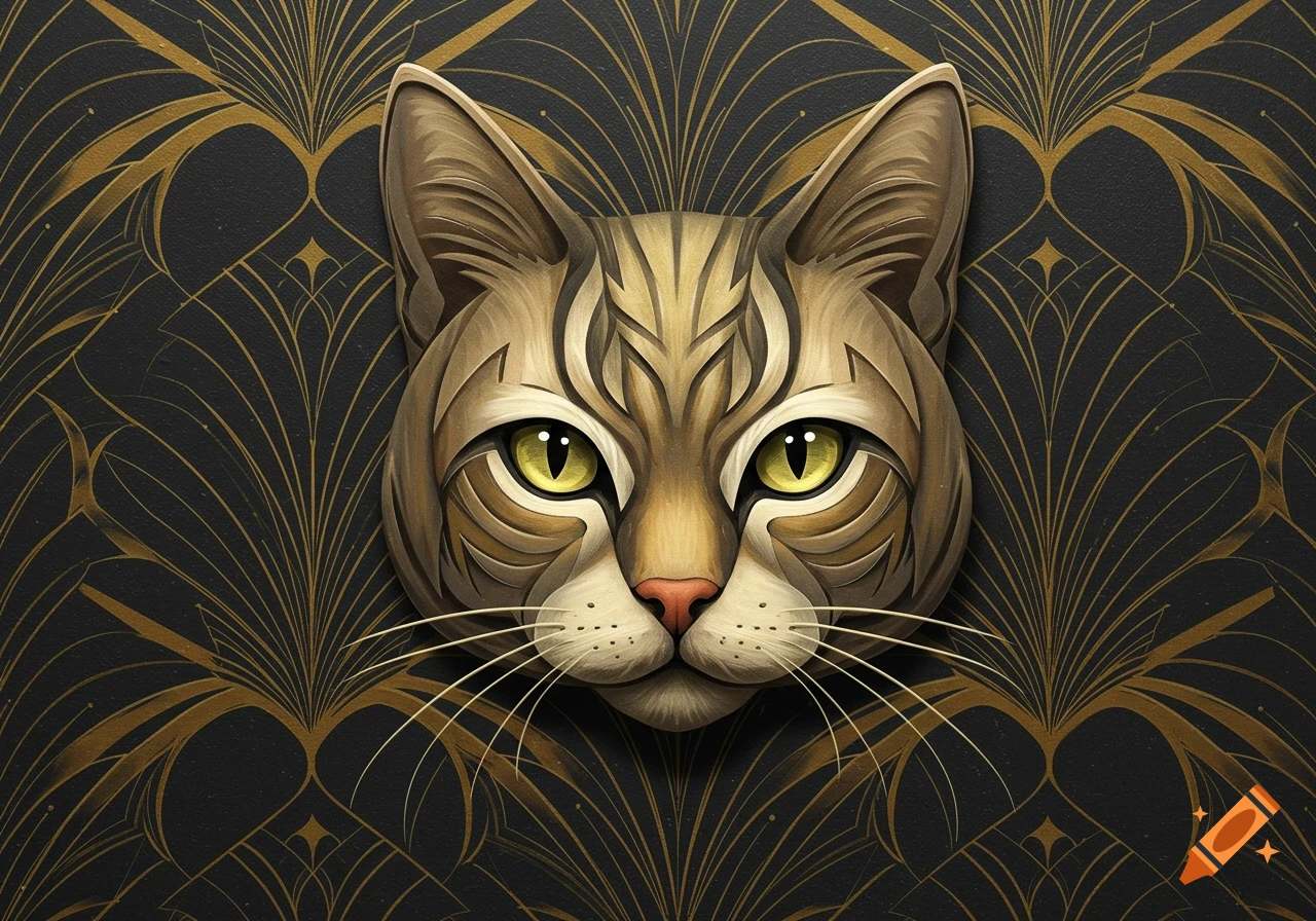 A stylized Art Deco cat face with gold eyes on a black and gold fan pattern background.