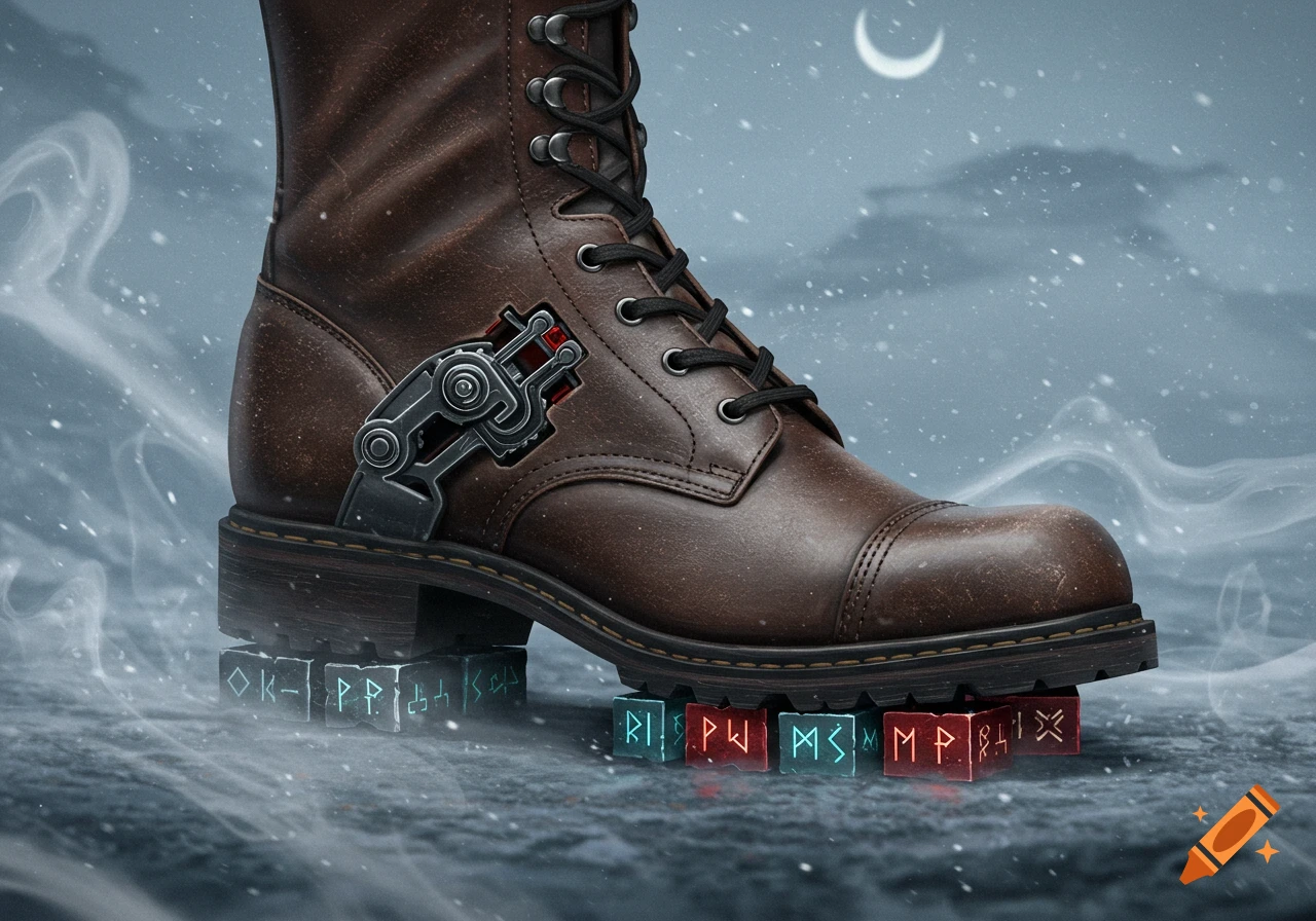 A detailed brown military boot with a steampunk-like mechanism on its side steps on glowing runic blocks in a snowy, foggy landscape under a crescent moon.