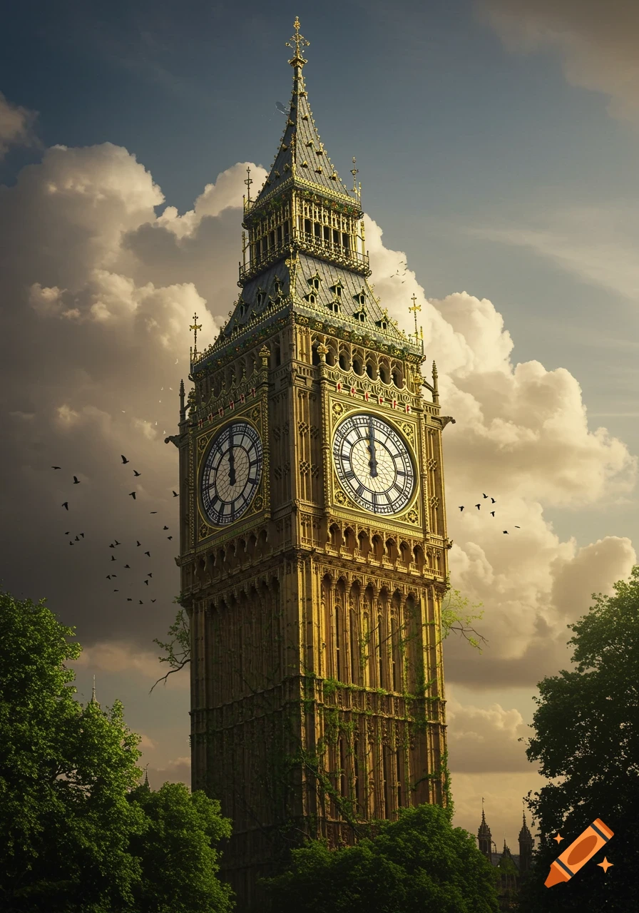 The Big Ben clock tower in London, overgrown with green vines and moss, beneath a dramatic cloudy sky with birds.