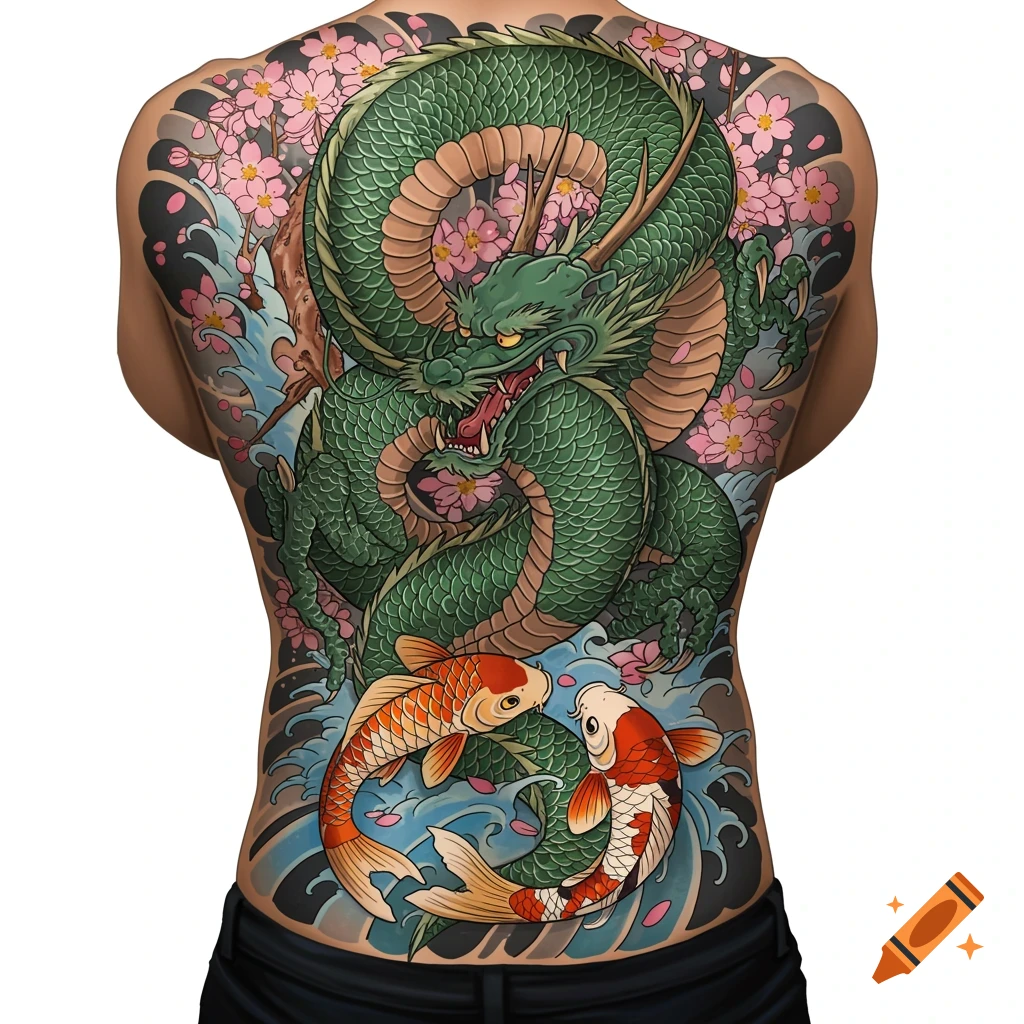 Full back tattoo of a green dragon, pink cherry blossoms, and two koi fish on a person's back.