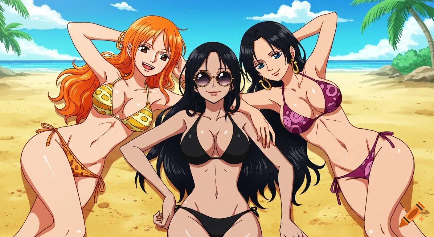 Anime illustration of Nami, Nico Robin, and Boa Hancock in bikinis, lying on a sunny tropical beach.