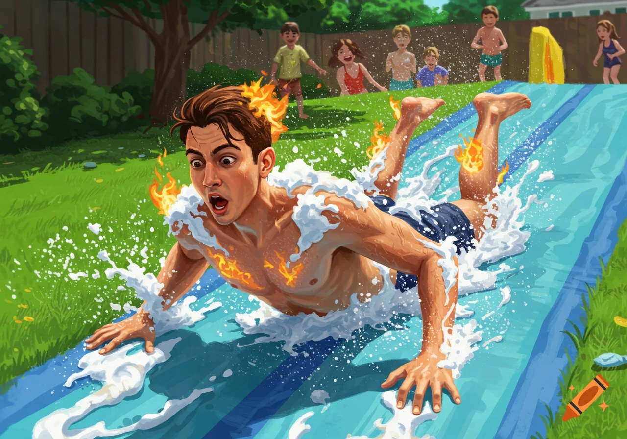 An illustrated image of a man screaming on a blue slip and slide, covered in water and stylized flames, with children in the background watching.