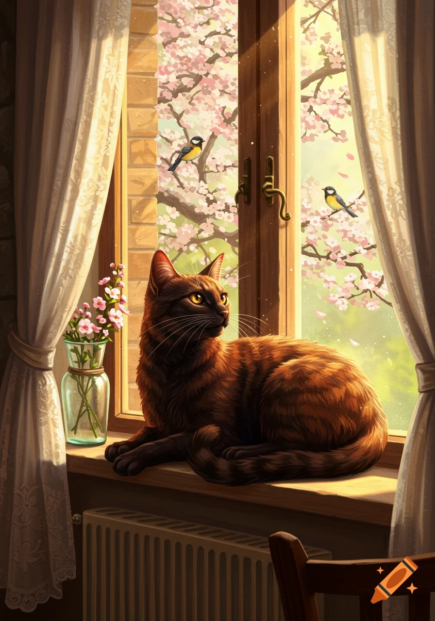 An orange-brown cat lies on a sunlit windowsill, looking out at a cherry blossom tree with two birds perched on its branches.