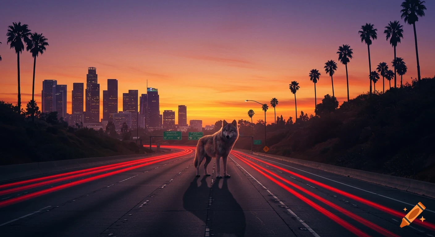 A wolf stands on a freeway at sunset, with red light trails and the Los Angeles skyline in the background.