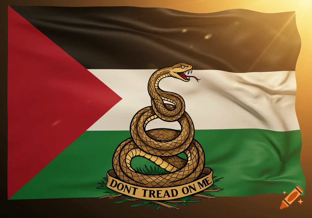 A waving Palestinian flag with a coiled Gadsden snake and 'DONT TREAD ON ME' banner centered on it, bathed in golden light.