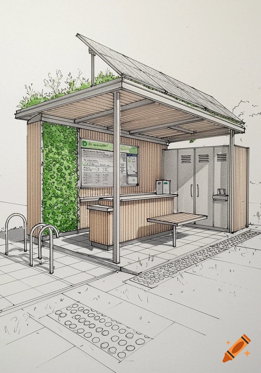 Architectural sketch of a modern public kiosk with solar panels, green roof, vertical green wall, and bike stands.