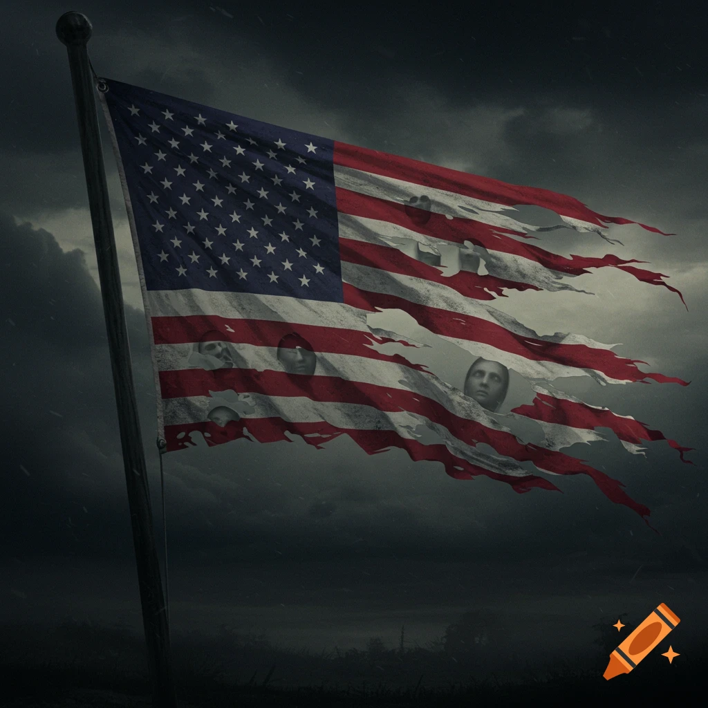 A tattered US flag with faint, eerie faces embedded in its torn fabric against a dark, stormy sky.