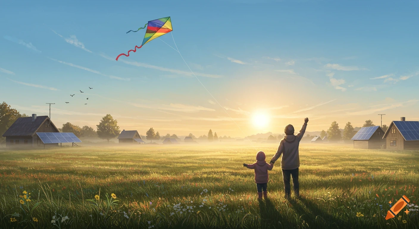 An adult and child fly a colorful kite in a sun-drenched field with scattered houses and solar panels at sunrise.