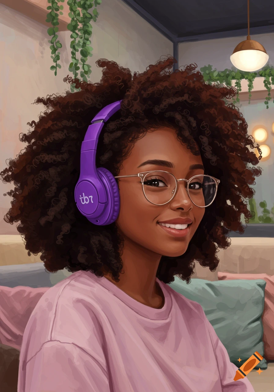 Illustrated portrait of a smiling dark-skinned woman with curly hair, glasses, and purple headphones.