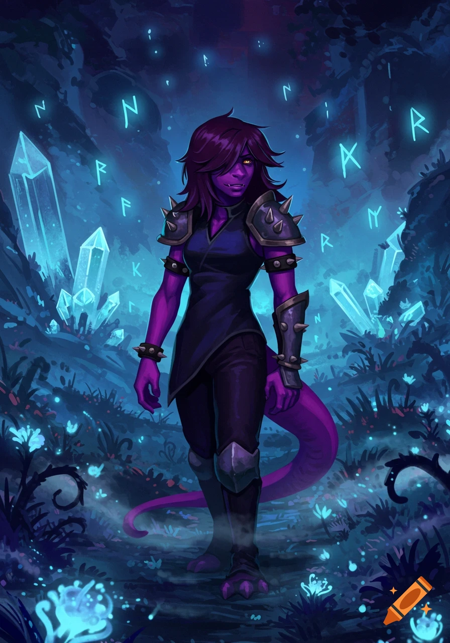 Full-body portrait of a purple-skinned, reptilian character with dark hair and armor, standing in a magical forest with glowing blue crystals and runes.