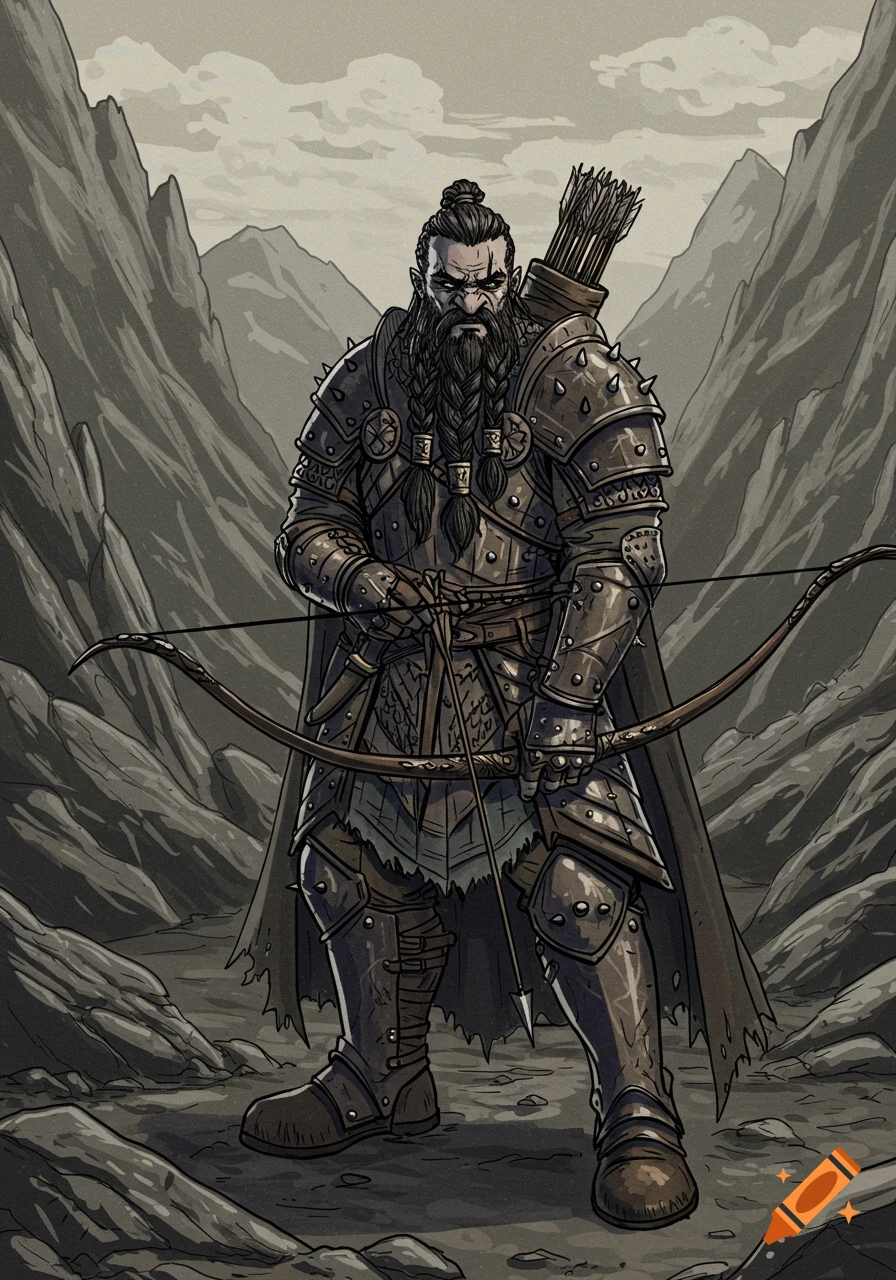 Hand-drawn fantasy art of a male dwarf ranger in studded armor, holding a longbow in a martial stance in a rocky mountain valley.