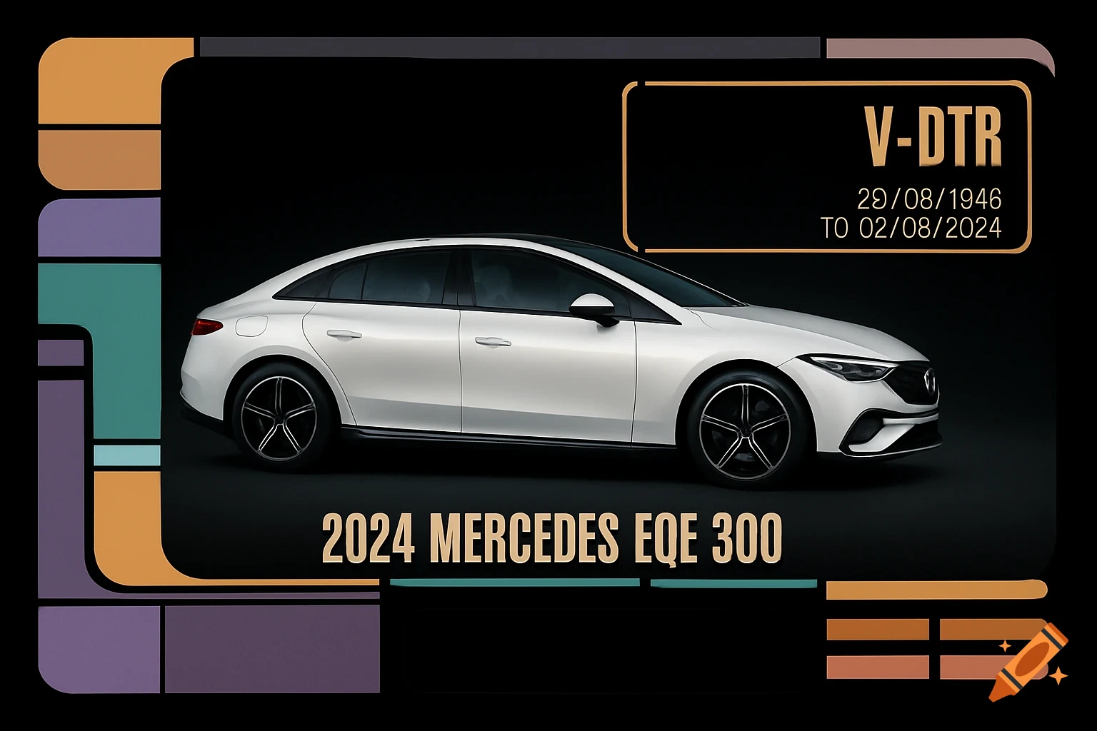 A white 2024 Mercedes EQE300 electric car in side profile, displayed on a futuristic Star Trek LCARS-style interface with black, purple, orange, and teal panels.