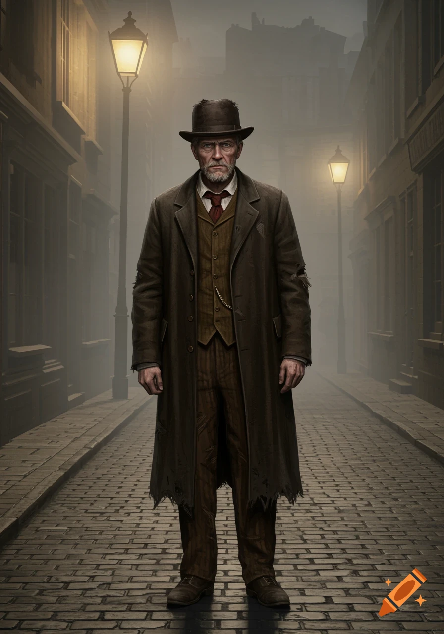 An old man in tattered Edwardian clothing and a bowler hat stands on a foggy cobblestone street under gas lamps.