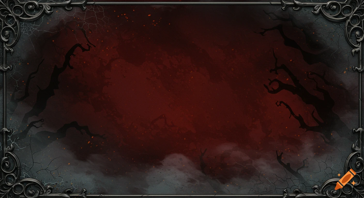 A dark gothic border with an ornate frame, silhouetted gnarled trees against a red smoky background, reminiscent of early horror.