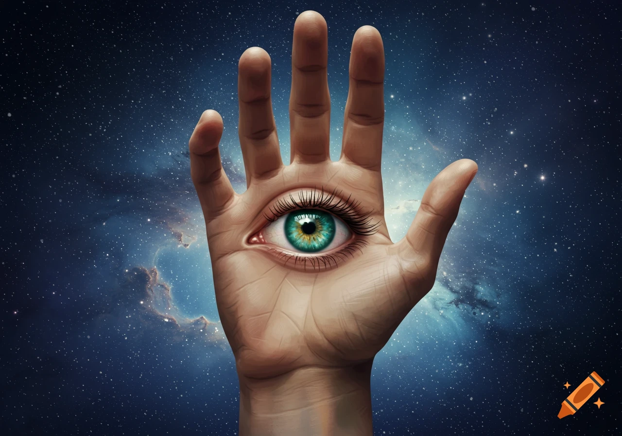 A human hand with an open green eye in its palm, set against a dark blue and purple cosmic background with stars and nebulae.