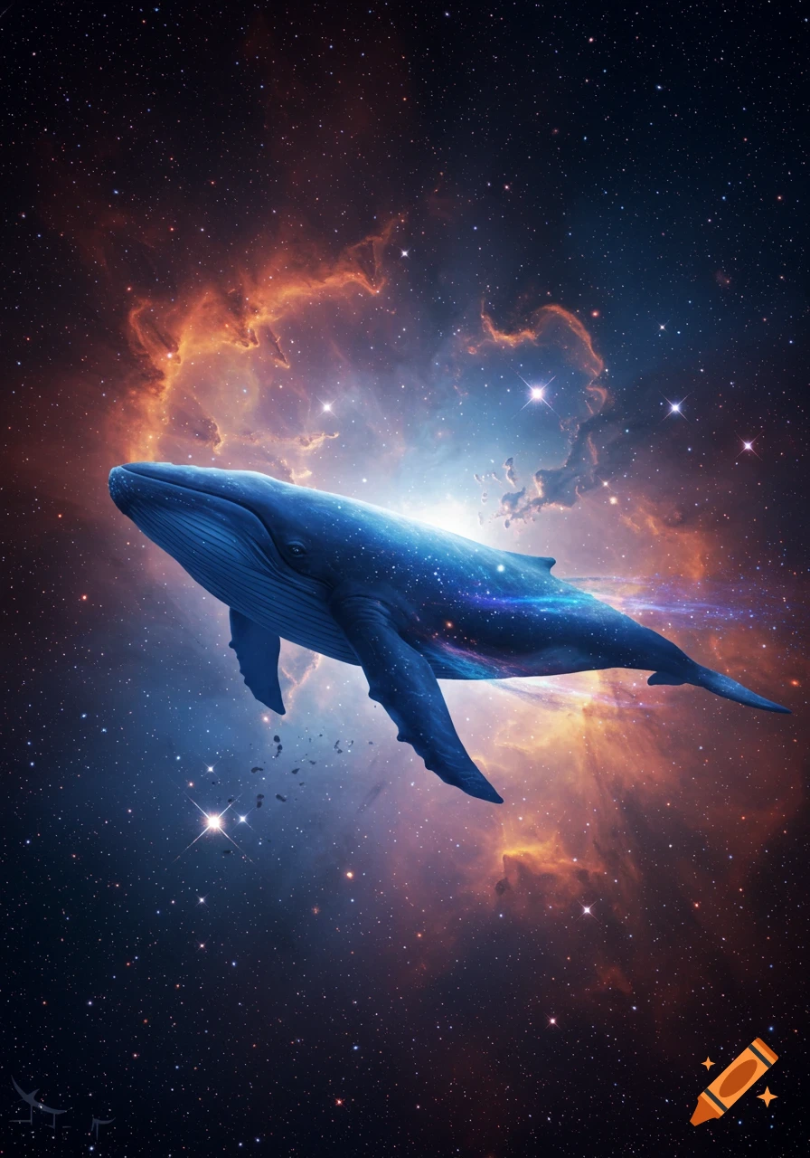 A blue whale swims through a vibrant cosmic nebula with stars and orange gas clouds.