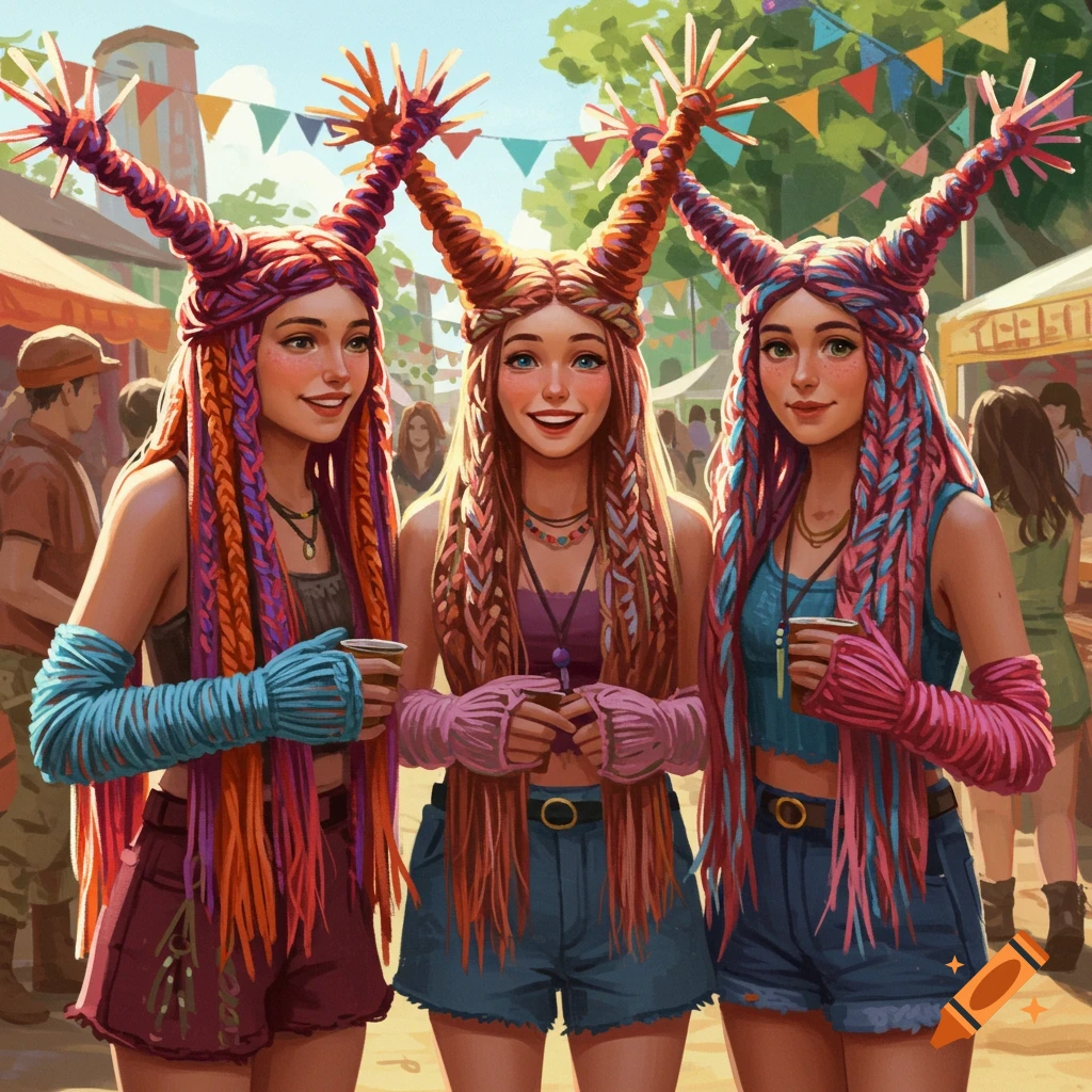 Three smiling women with long, colorful yarn wigs and gloves, holding cups at an outdoor festival with flags.