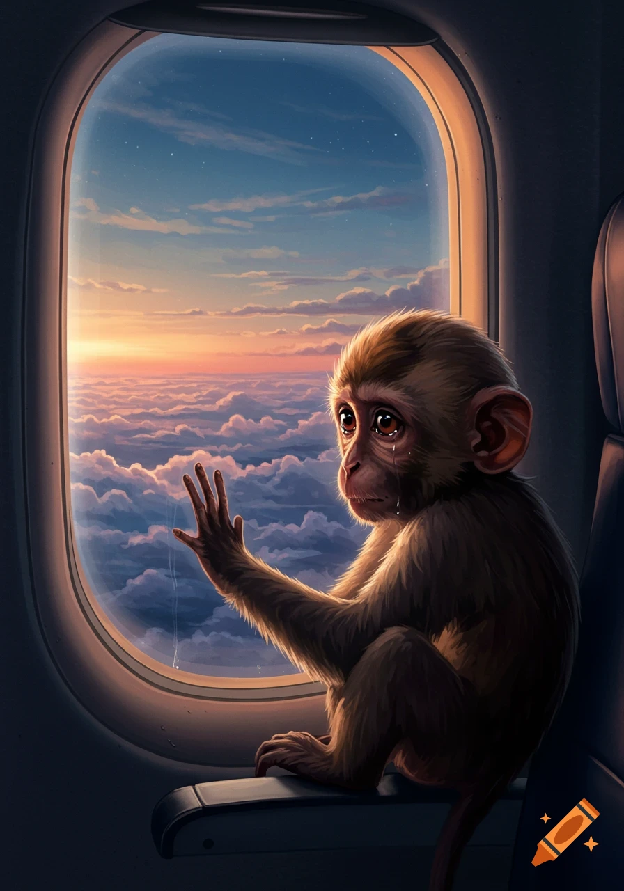 A sad baby monkey with tears on its face sits by an airplane window, touching the glass and looking at a sunset over clouds. Digital illustration.