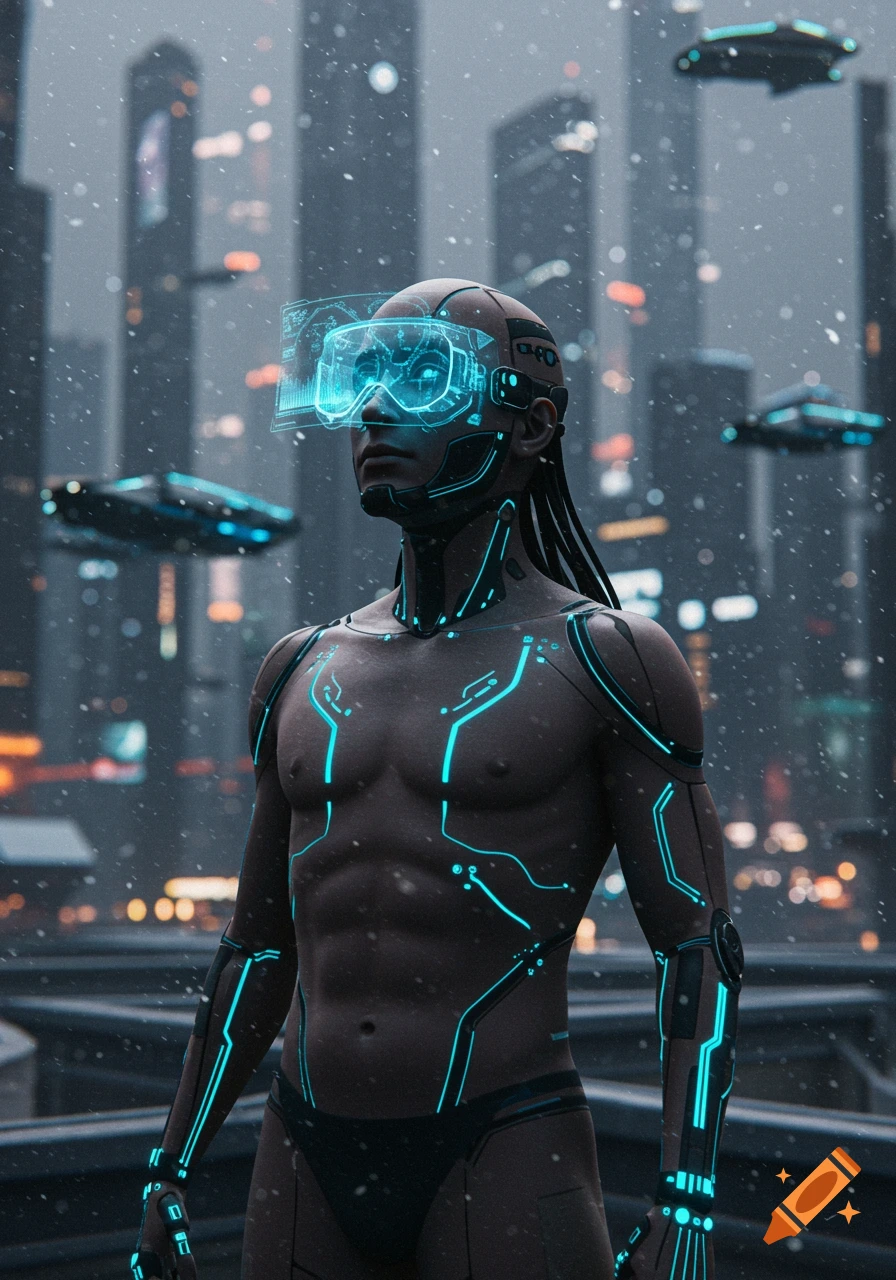 Photorealistic image of a bald cyborg with glowing blue circuits and VR goggles standing in a futuristic snowy city with flying vehicles.
