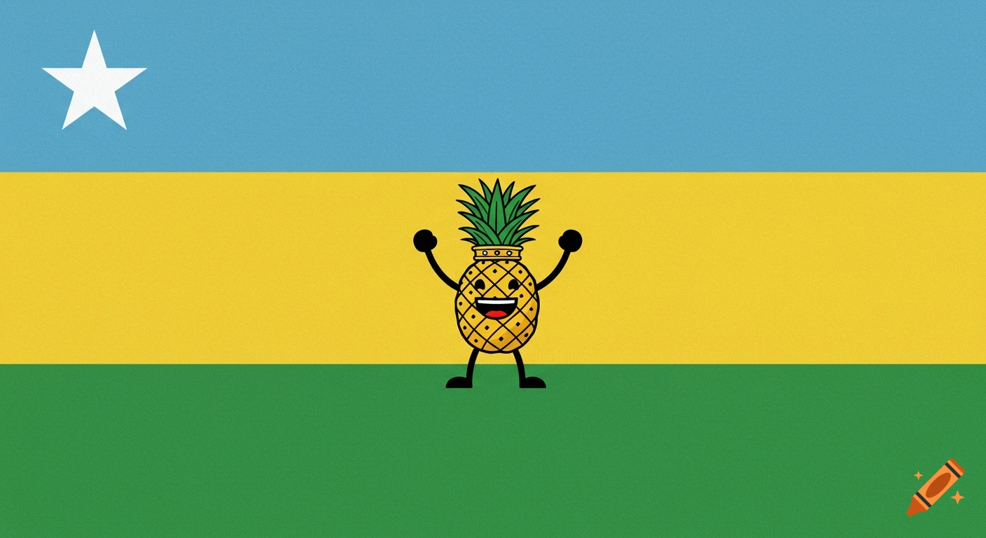 A flag with sky blue, yellow, and green stripes, a white star, and a cartoon pineapple with a crown.