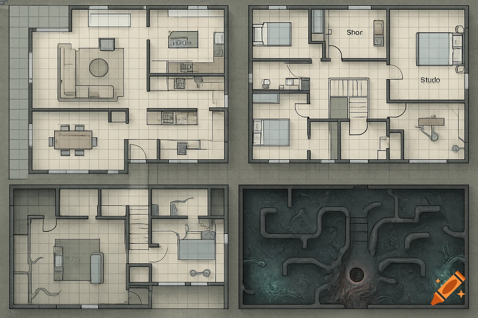 A top-down view of four floor plans, including two levels of a modern mansion, one regular basement level, and a fourth level depicting an alien, organic-themed basement with dark, grotesque structures.