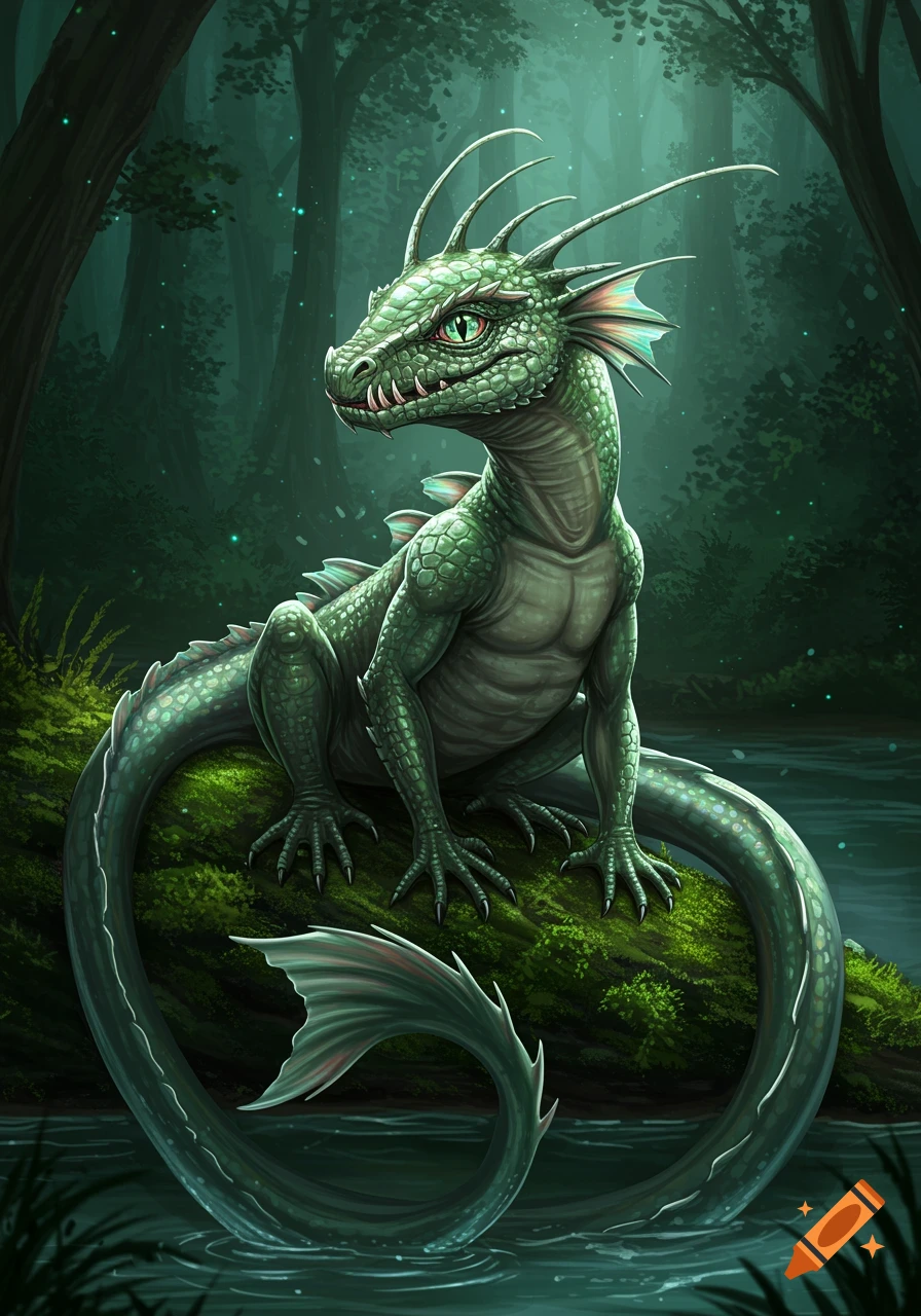 A green scaly dragon-like creature with large eyes and fins on its head and back sits on a mossy log in a dark, mystical forest by a lake.
