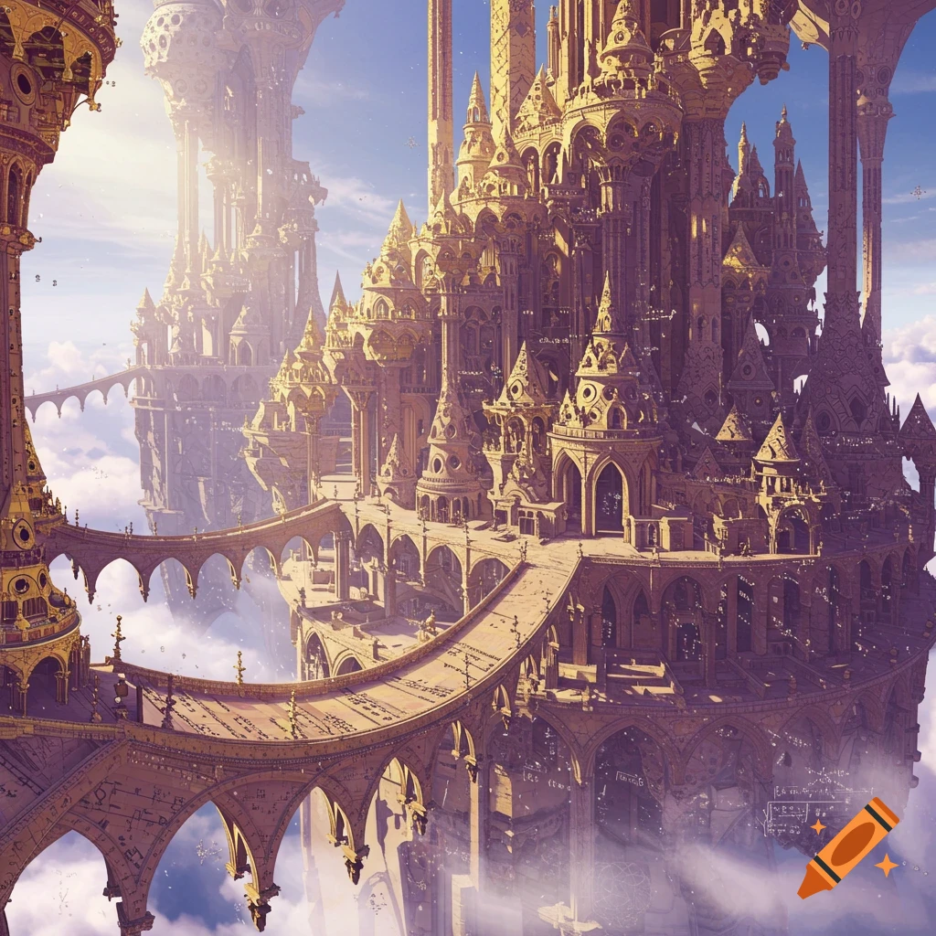 A majestic golden castle with intricate architecture and arched bridges floats among white clouds under a bright blue sky.