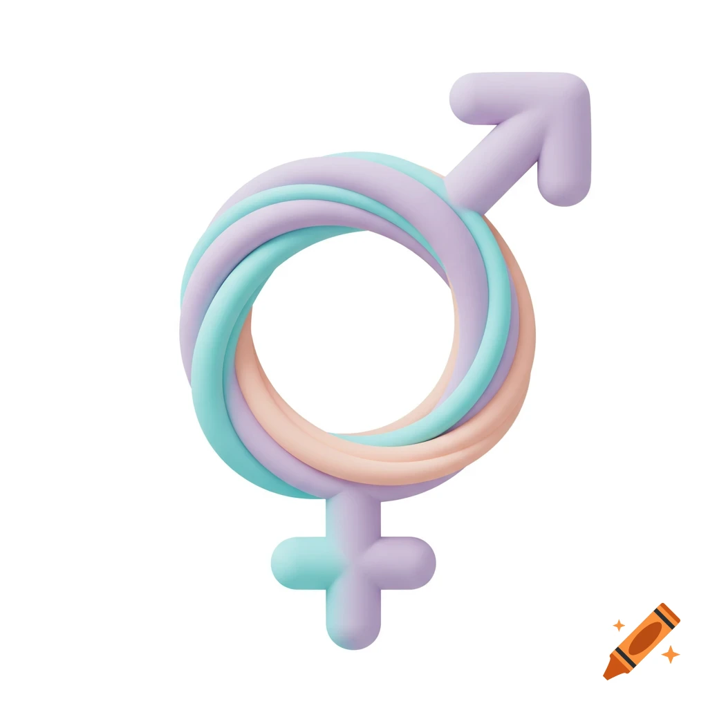 A pastel-colored, intertwined male and female gender symbol rendered in a soft, 3D style.