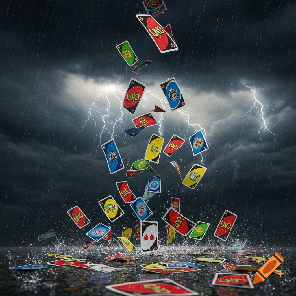 Photorealistic image of colorful UNO cards raining down amidst a lightning storm, splashing onto a wet surface.