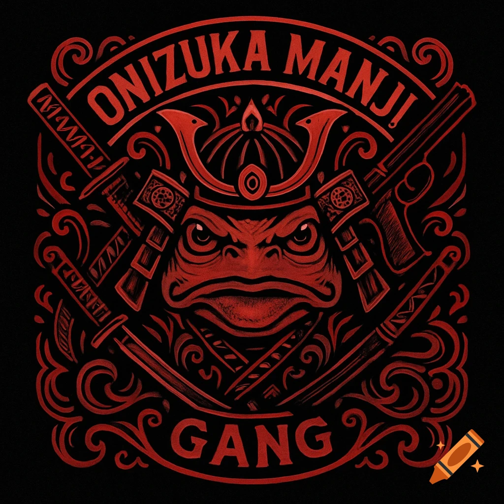 Red and black stylized logo featuring an angry frog samurai in a helmet, flanked by a sword and pistol, with text 'ONIZUKA MANJI GANG'.