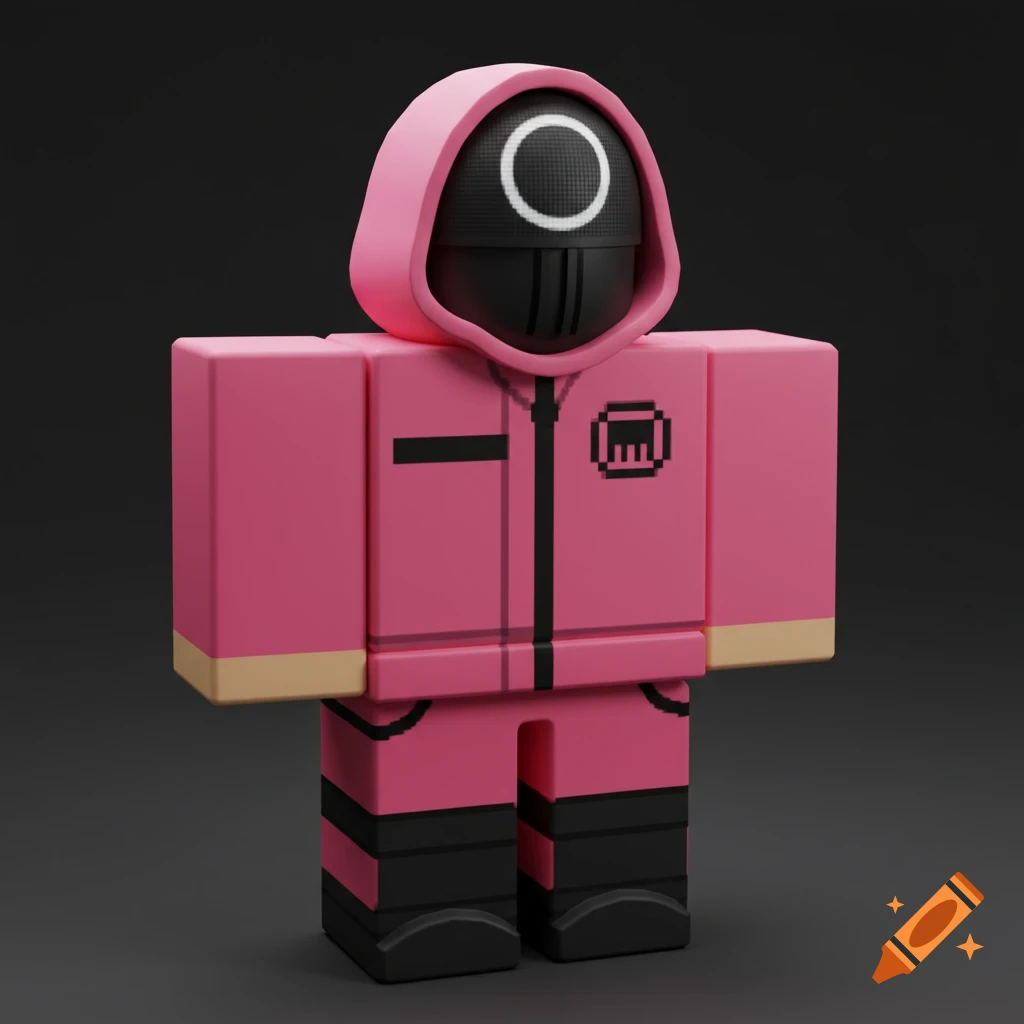 A 3D render of a blocky Roblox-style character dressed in a pink Squid Game guard uniform with a black mask featuring a white circle.