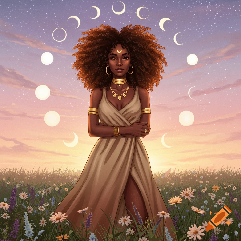 An Afro Indigenous woman with curly hair stands in a wildflower field under a starry sky with a sunset and moon phases.