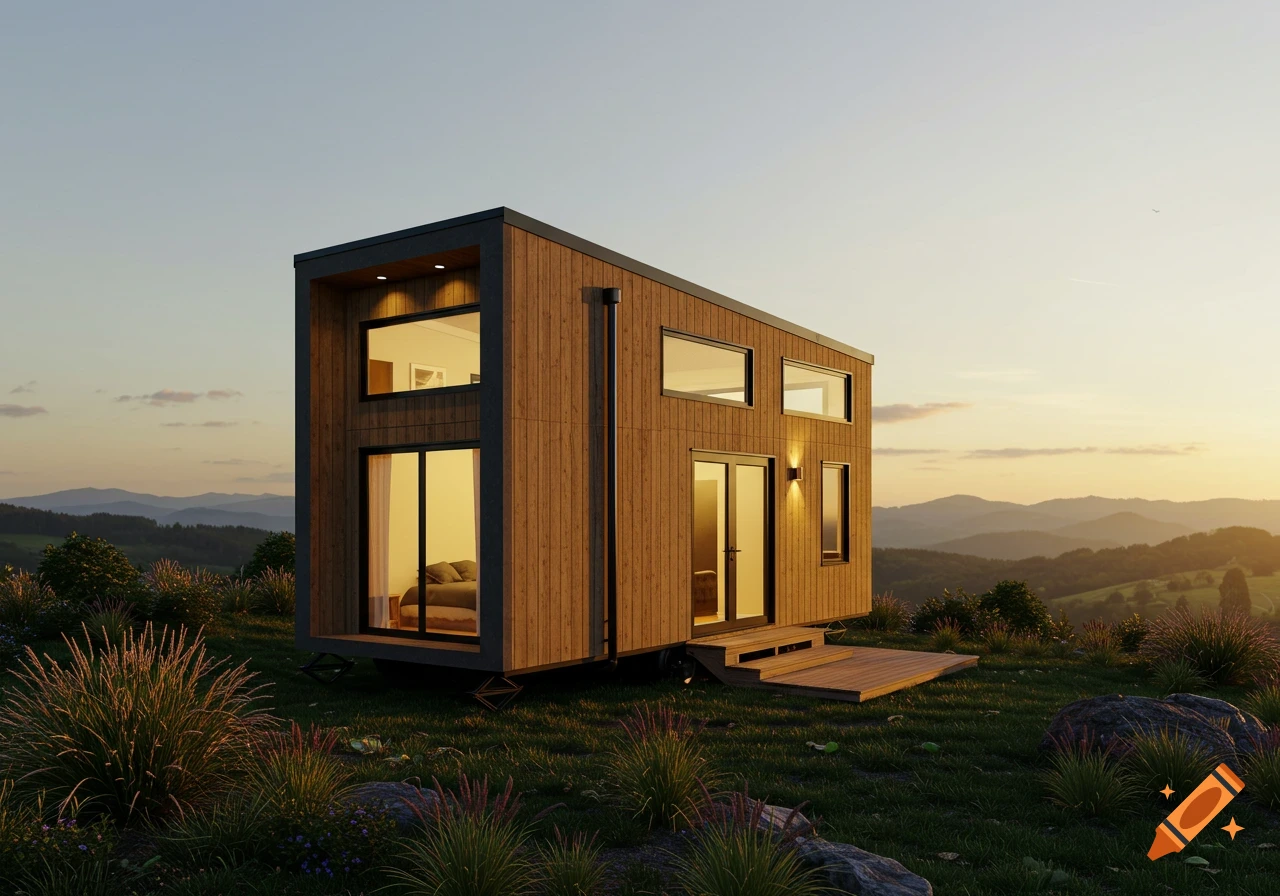 Photorealistic modern tiny home on a grassy hill at sunset, with mountains in the background.